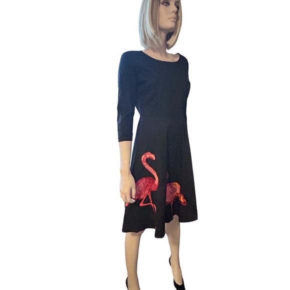 Sucrefas Dress Black ¾ Sleeve Vintage Inspired Flamingo appliqué Circle Skirt - Picture 5 of 14